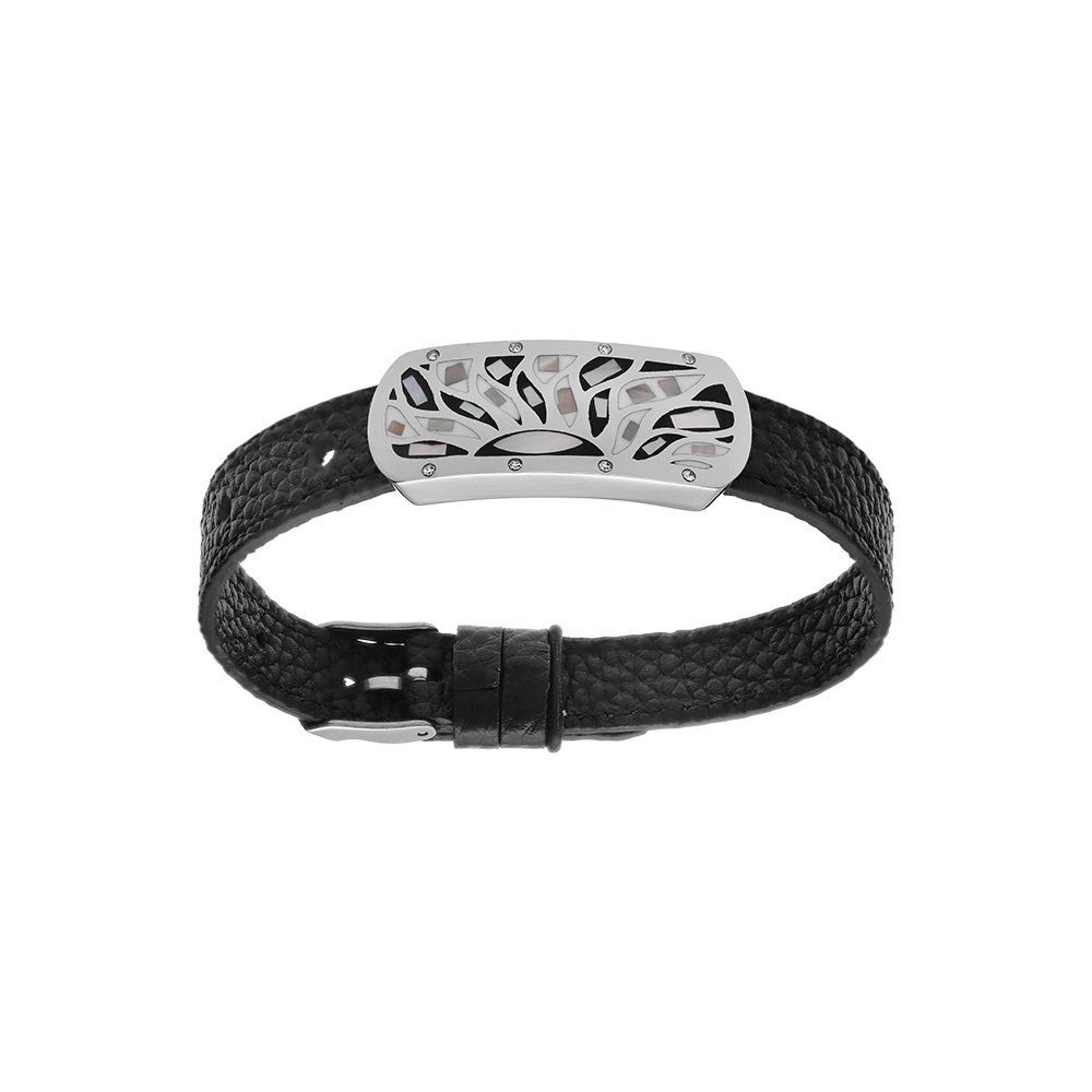 Bracelet Stella Mia en acier et cuir noir plaque rectangulaire avec motif tons noirs et nacre blanche r�glable - Vue 1