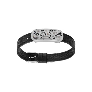 Bracelet Stella Mia en acier et cuir noir plaque rectangulaire avec motif tons noirs et nacre blanche rglable - Vue 1