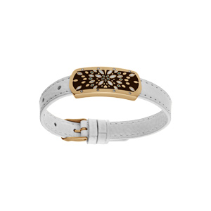 Bracelet Stella Mia en acier et PVD jaune cuir blanc plaque rectangulaire avec motif nacre blanche sur fond noir rglable - Vue 1