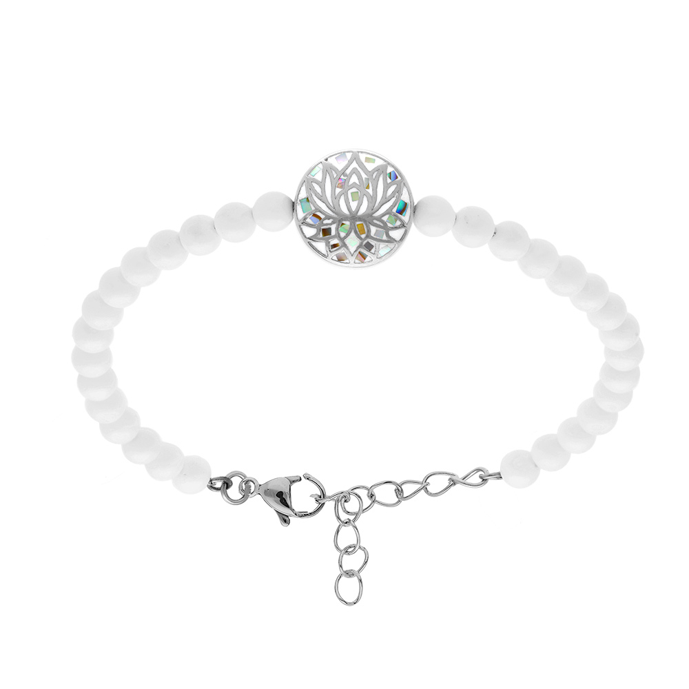 Bracelet Stella Mia en acier  fleur de lotus r�sine et nacre boules blanches - 16+3cm - Vue 1
