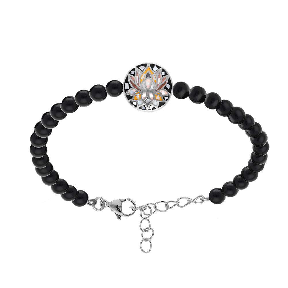 Bracelet Stella Mia en acier fleur de lotus r�sine et nacre boules onyx noir  - 16+3cm - Vue 1
