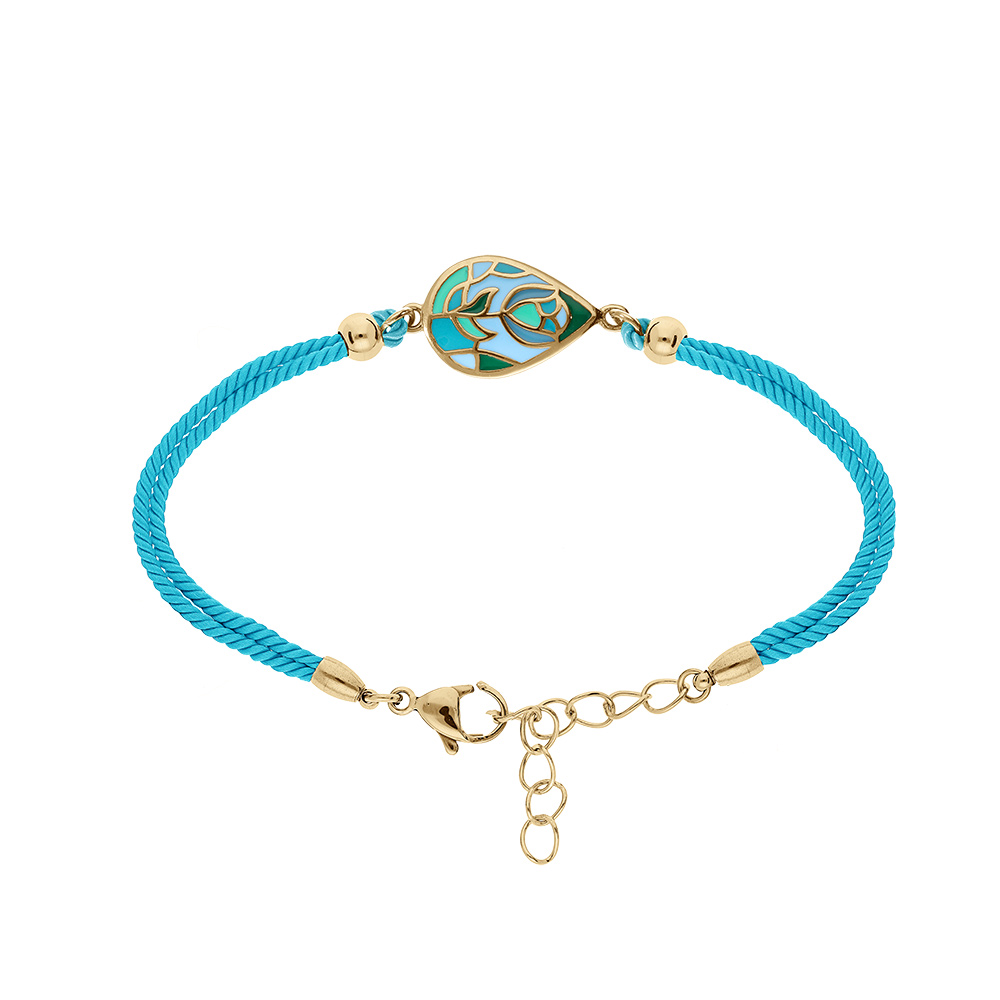 Bracelet  Stella Mia enacier dor jaune goutte rsine bleu vert cordon coton turquoise - 16+3cm - Vue 1