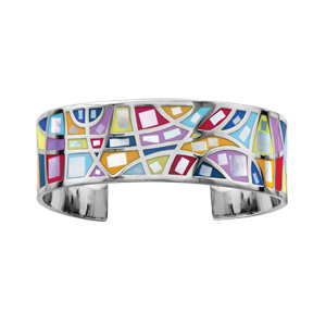 Bracelet Stella Mia rigide en acier motifs gomtriques et couleurs pastel avec nacre blanche vritable - diamtre 59mm - Vue 1