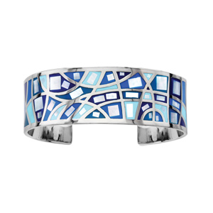 Bracelet Stella Mia rigide en acier motifs gomtriques et dgrad de bleu avec nacre blanche vritable - diamtre 59mm - Vue 1
