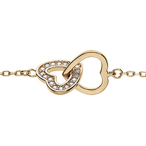 Bracelet vermeil deux coeurs entrelac�s un lisse et un avec oxydes blancs sertis - 16+3cm