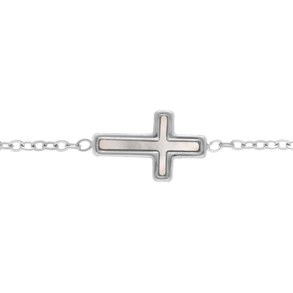 Braceleten  acier croix nacre imitation - 16+3cm - Vue 1