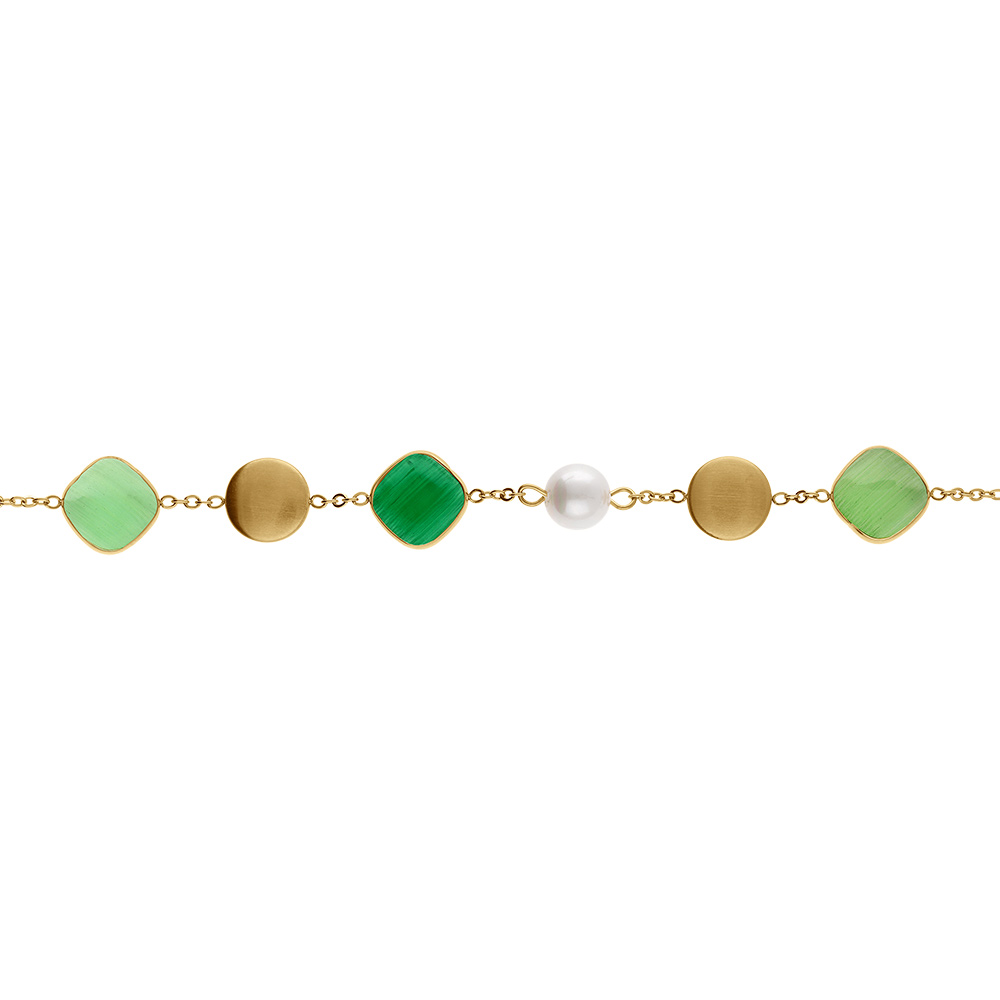 Braceleten  acier dor� pastilles dor� carr� oeil de chat vert et perle blanche imitation - 16+3cm - Vue 1