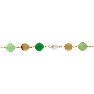 Braceleten  acier dor� pastilles dor� carr� oeil de chat vert et perle blanche imitation - 16+3cm