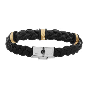 Braceleten acier et cuir bovin tressé noir motif doré - 22cm réglable - Vue 1