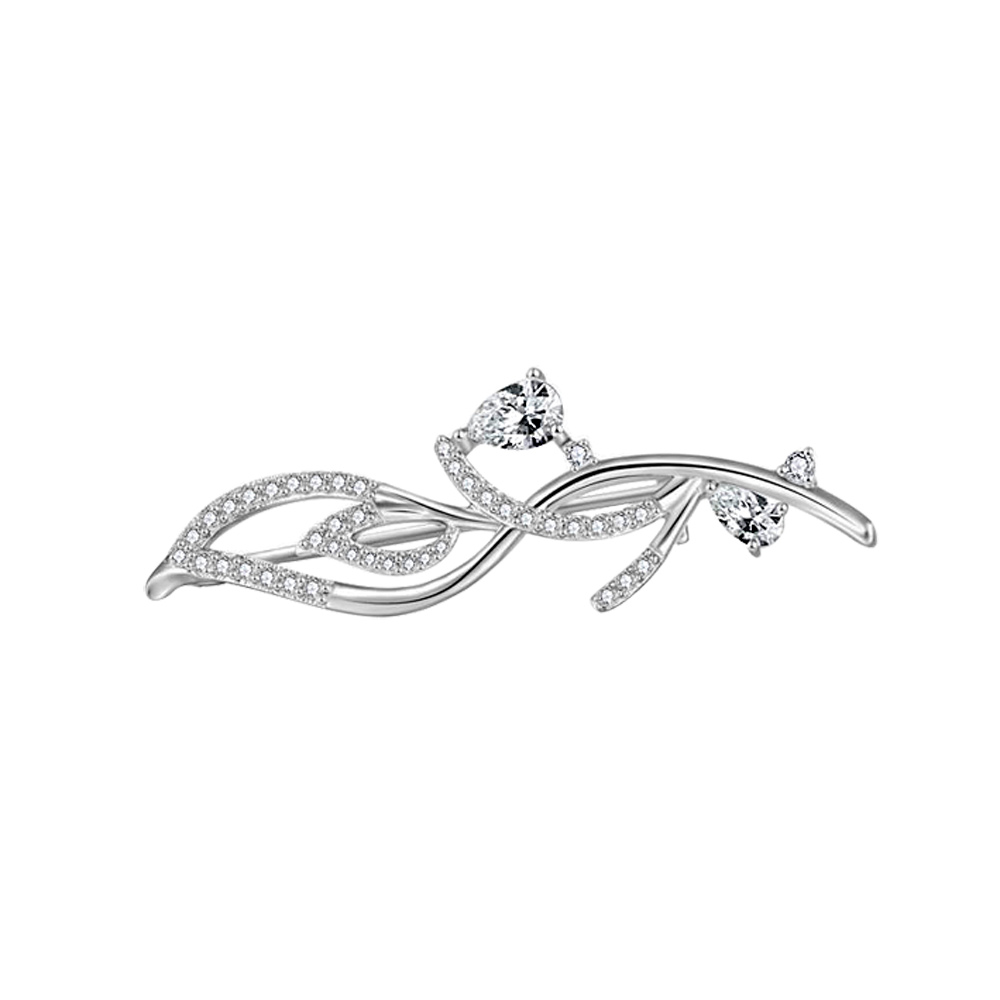 Broche en argent rhodi� motif v�g�tal avec oxydes blancs sertis 43.9 x 12.6mm - Vue 1