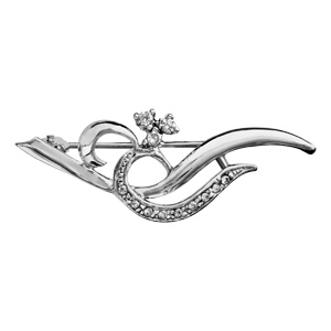 Broche en argent rhodi volutes lisses et ornes d\'oxydes blancs et 3 oxydes blancs en haut - Vue 1