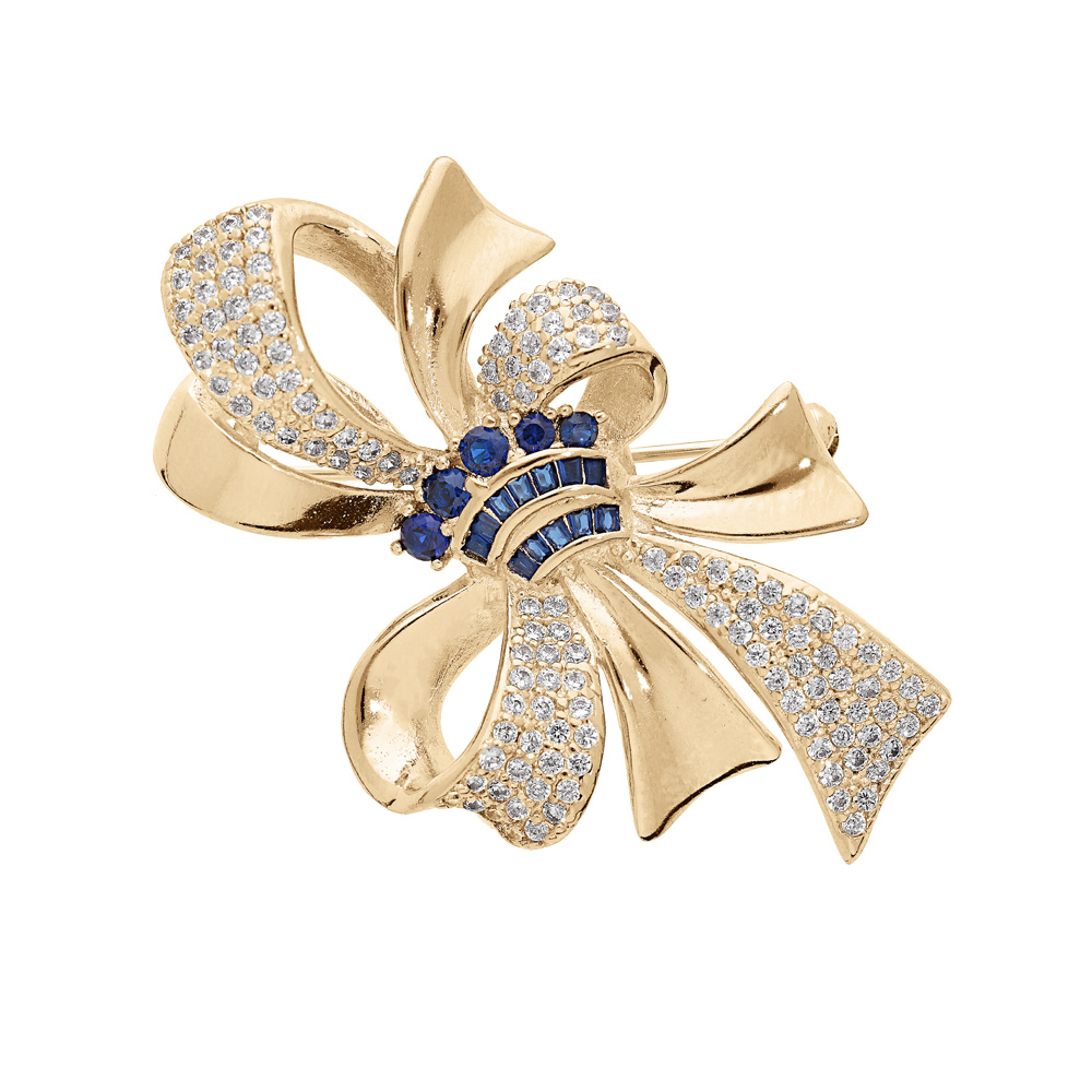 Broche en plaqu� or motif fkeur et ruban oxydes bleus et blancs sertis - Vue 1