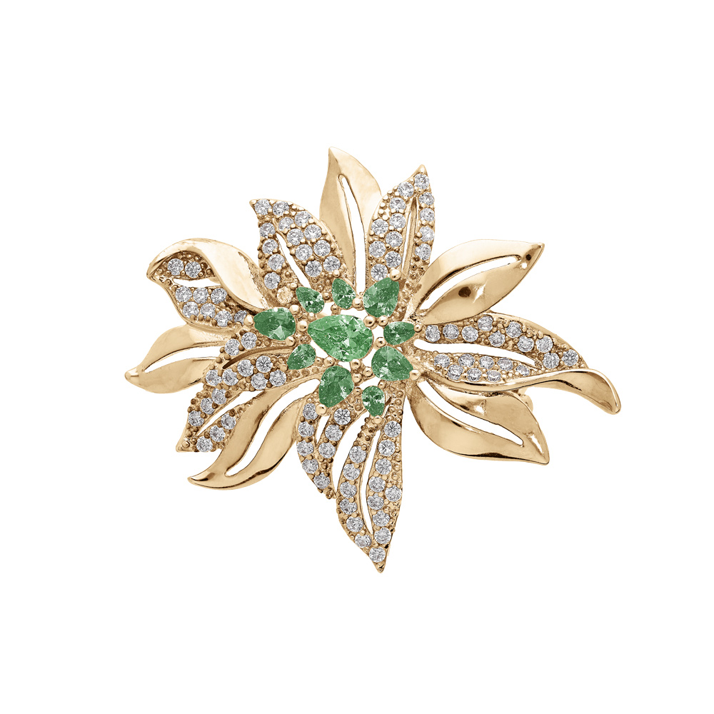 Broche en plaqu or motif fleur avec oxydes verts et blancs sertis - Vue 1