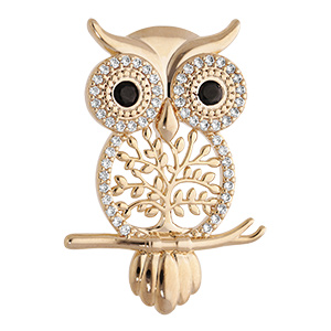 Broche en vermeil hibou - chouette + arbre de vie et oxydes sertis blancs et noirs