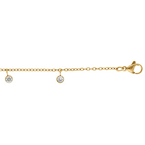 Cha�ne cheville en acier dor� pampille d'oxydes blanc serti clos - 21+3cm