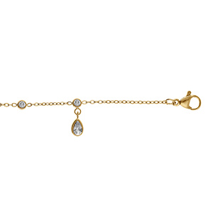 Cha�ne de cheville en acier dor� avec pampilles gouttes d'oxydes blancs sertis clos - 22+3cm