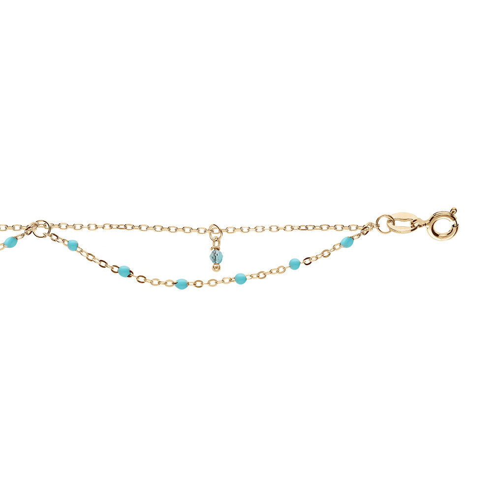 Cha�ne de cheville en argent dorure jaune 2 rangs avec boules couleur turquoise 23+3cm - Vue 1