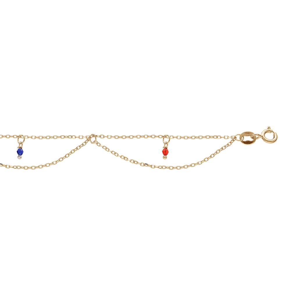 Cha�ne de cheville en argent et dorure jaune 2 rangs avec boules multi couleurs 23+3cm - Vue 1