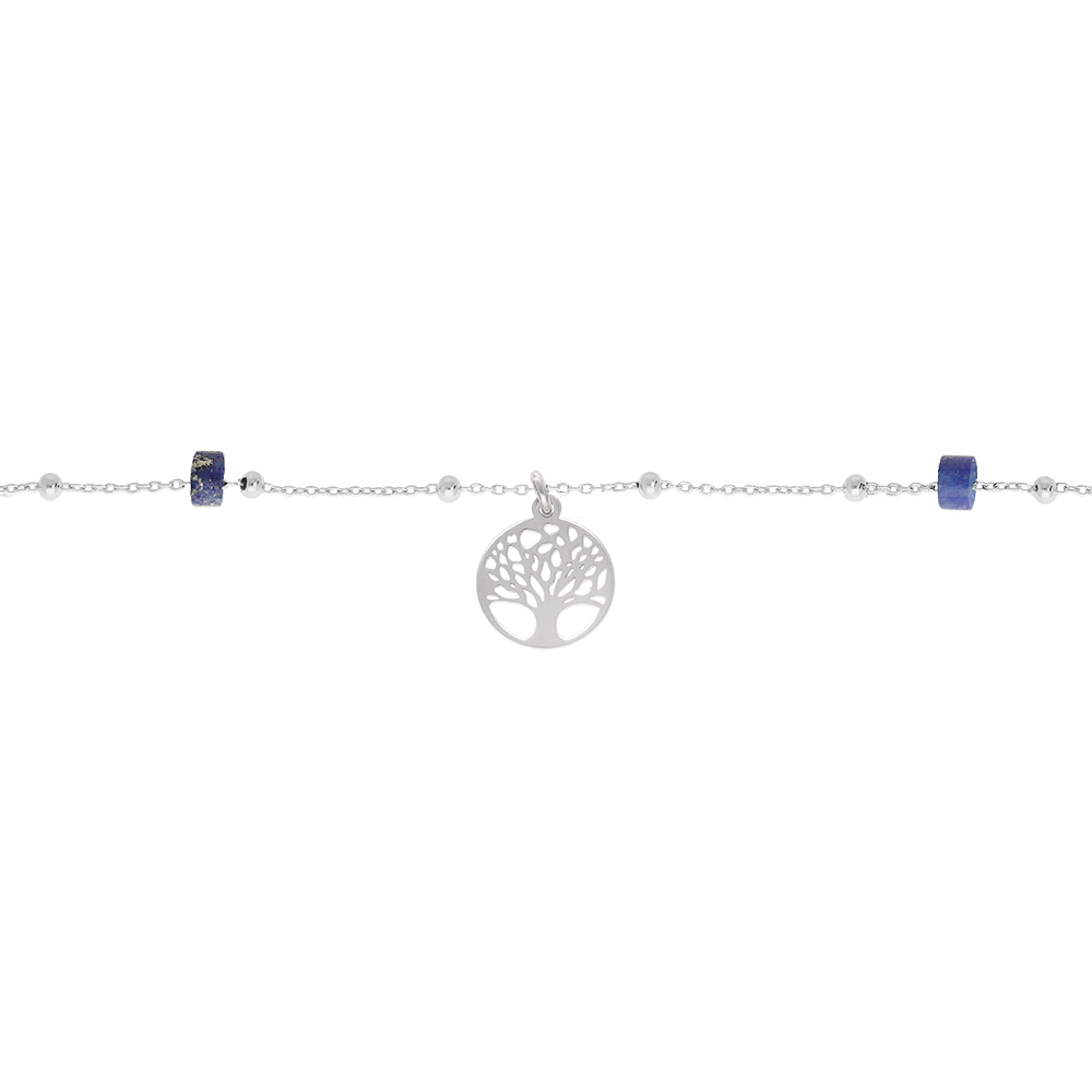 Cha�ne de cheville en argent platin� avec pampille arbre de vie et rondelles Lapis Lazuli v�ritable 22+3cm - Vue 1
