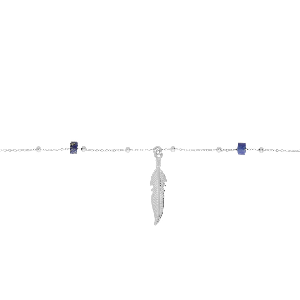 Cha�ne de cheville en argent platin� avec pampille plume et rondelles Lapis Lazuli v�ritable 22+3cm - Vue 1