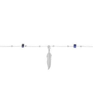 Chane de cheville en argent platin avec pampille plume et rondelles Lapis Lazuli vritable 22+3cm - Vue 1