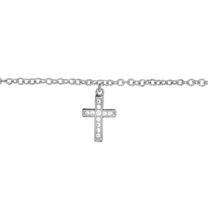 Chane de cheville en argent rhodi avec pampille croix chrtienne orne d\'oxydes blancs sertis - longueur 23cm + 2cm de rallonge - Vue 1