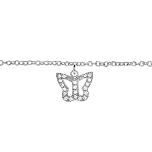 Chaîne de cheville en argent rhodié avec pampille papillon ajouré orné d\'oxydes blancs sertis - longueur 23cm + 2cm de rallonge - Vue 1