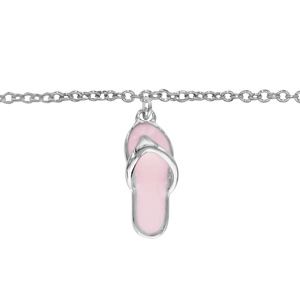 Chaîne de cheville en argent rhodié avec 1 pampille tong en résine rose - longueur 23cm + 2cm de rallonge - Vue 1