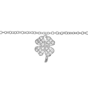 Chane de cheville en argent rhodi avec pampille trfle  4 feuilles pav d\'oxydes blancs sertis - longueur 23cm + 2cm de rallonge - Vue 1