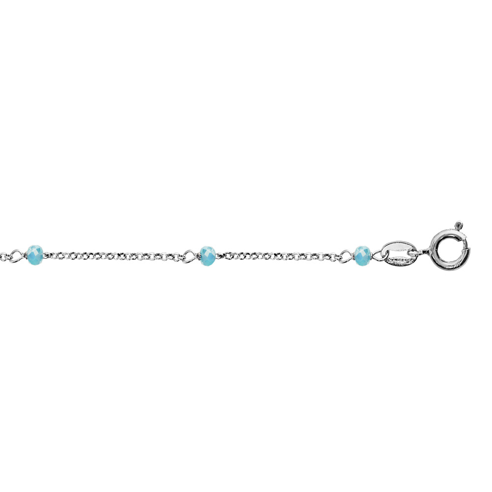 Cha�ne de cheville en argent rhodi� boules perles de verre facett�es bleu clair 23cm + 3cm de rallonge - Vue 1