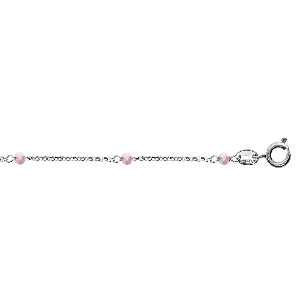 Cha�ne de cheville en argent rhodi� boules perles de verre facett�es rose clair 23cm + 3cm de rallonge - Vue 1
