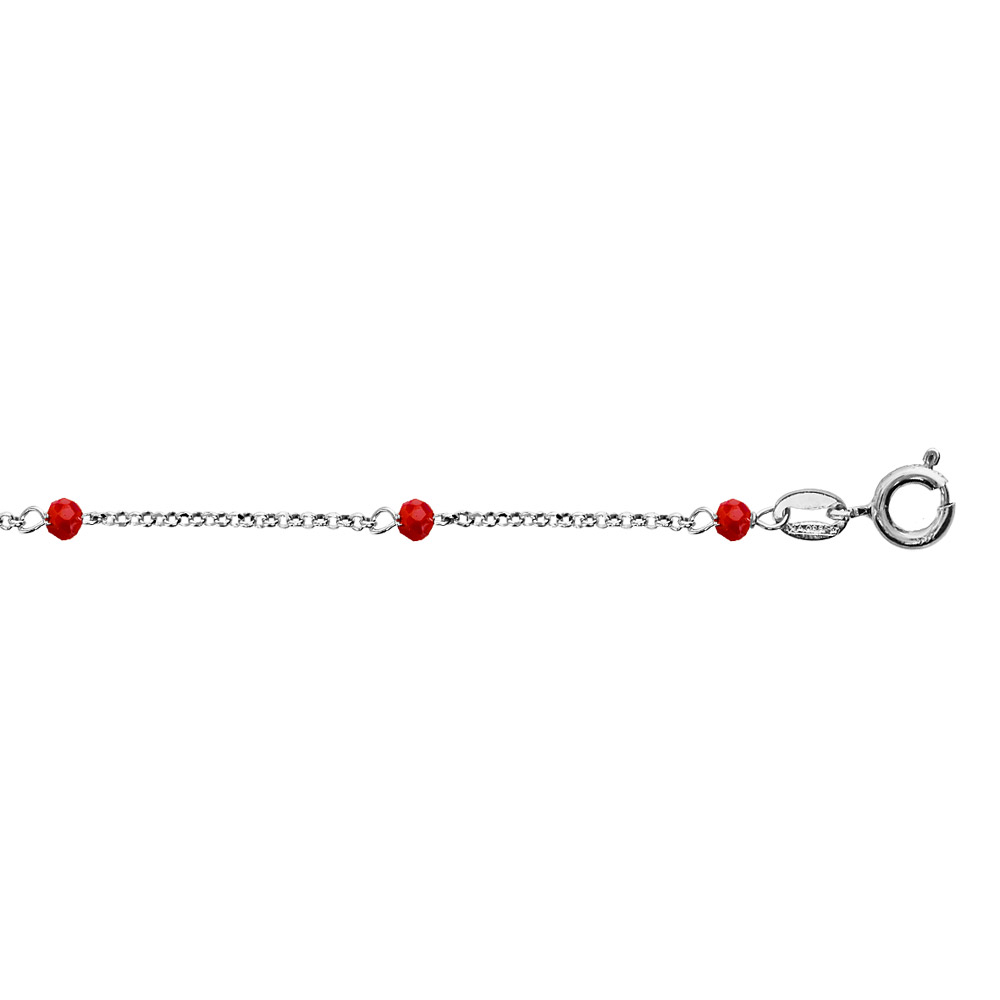 Cha�ne de cheville en argent rhodi� boules perles de verre facett�es rouges 23cm + 3cm de rallonge - Vue 1