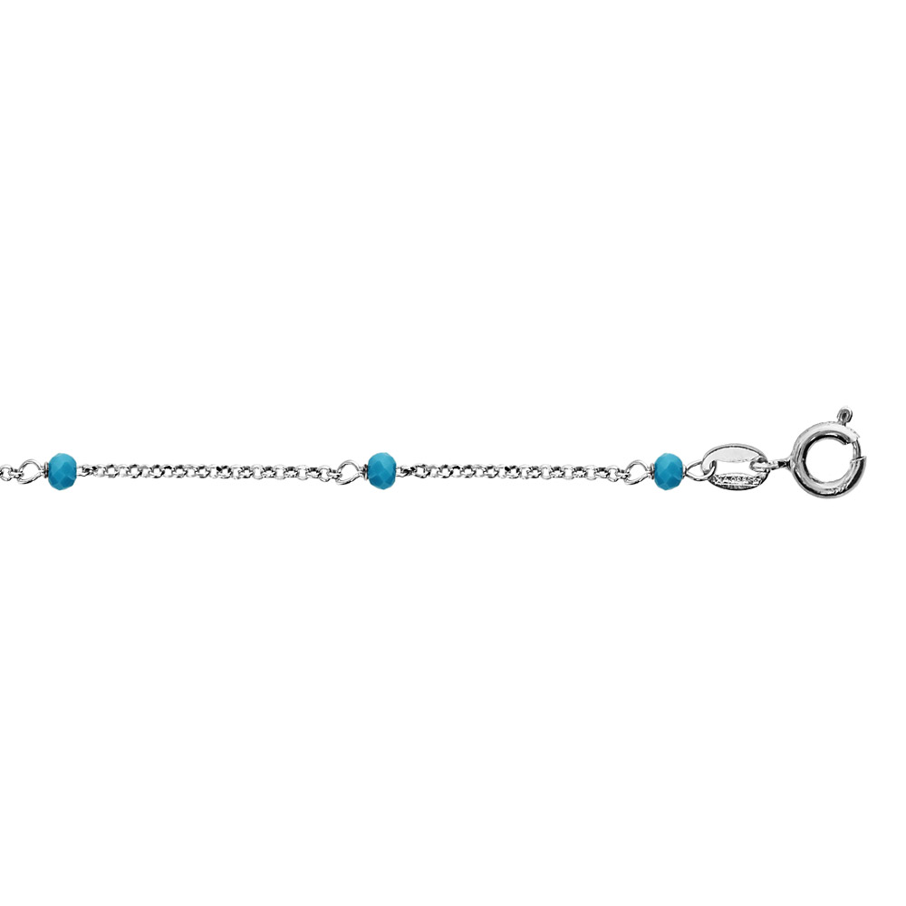 Cha�ne de cheville en argent rhodi� boules perles de verre facett�es turquoises 23cm + 3cm de rallonge - Vue 1