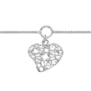 Chaîne de cheville en argent rhodié maille pop-corn avec pampille coeur ajouré et ouvragé - longueur 20cm + 4cm de rallonge - Vue 1