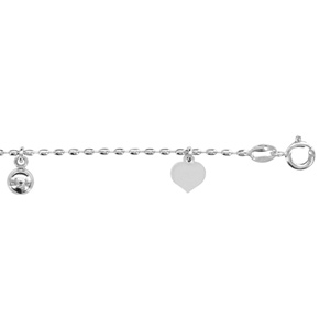 Chaîne de cheville en argent rhodié mailles olives avec pampilles coeurs et boules alternée - longueur 20cm + 4cm de rallonge - Vue 1