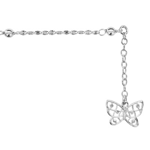 Chaîne de cheville en argent rhodié mailles ovales diamantés avec boules lisses et pampille papillon ajouré au bout - longueur 20cm + 4cm de rallonge - Vue 1