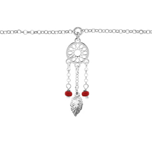 Chaîne de cheville en argent rhodié pampille attrape rêve et perles rouge 23+3cm - Vue 1