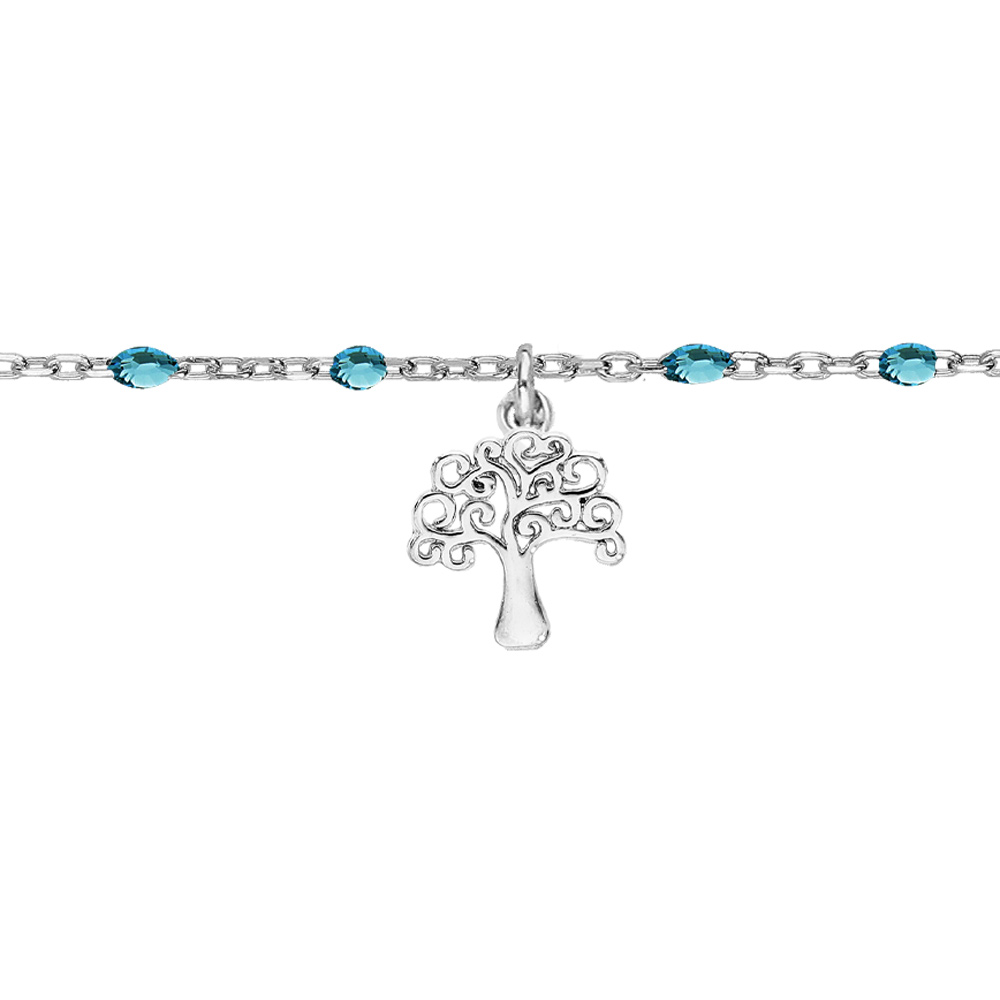 Cha�ne de cheville en argent rhodi� perles bleu tranparent et arbre de vie 23+3cm - Vue 1