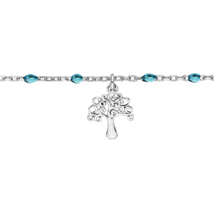 Chane de cheville en argent rhodi perles bleu tranparent et arbre de vie 23+3cm - Vue 1