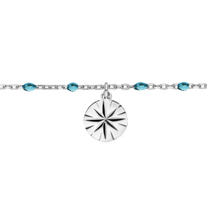 Chane de cheville en argent rhodi perles bleu transparent et soleil diamant 23+3cm - Vue 1