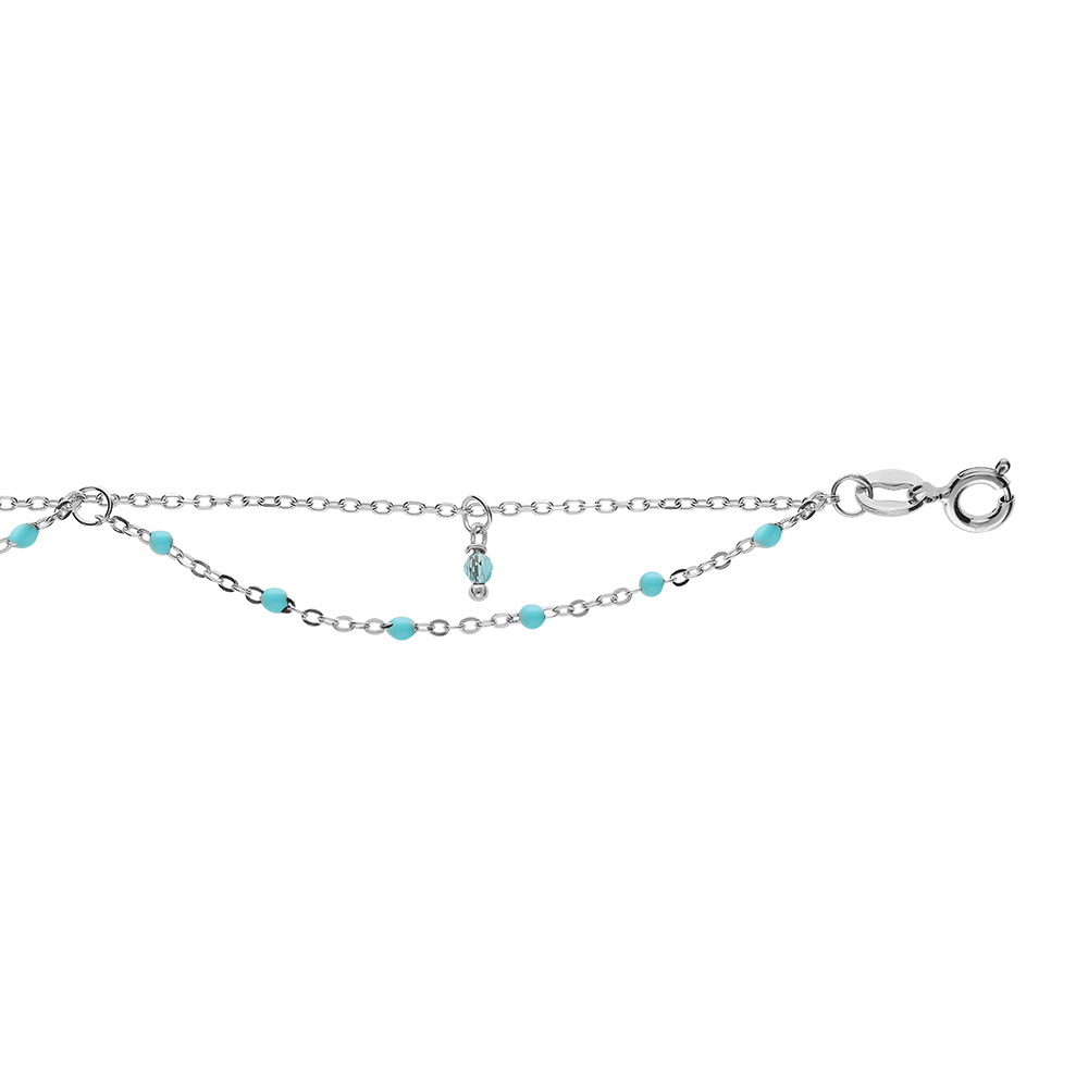 Cha�ne de cheville en argent rhodi� 2 rangs avec boules couleur turquoise 23+3cm - Vue 1