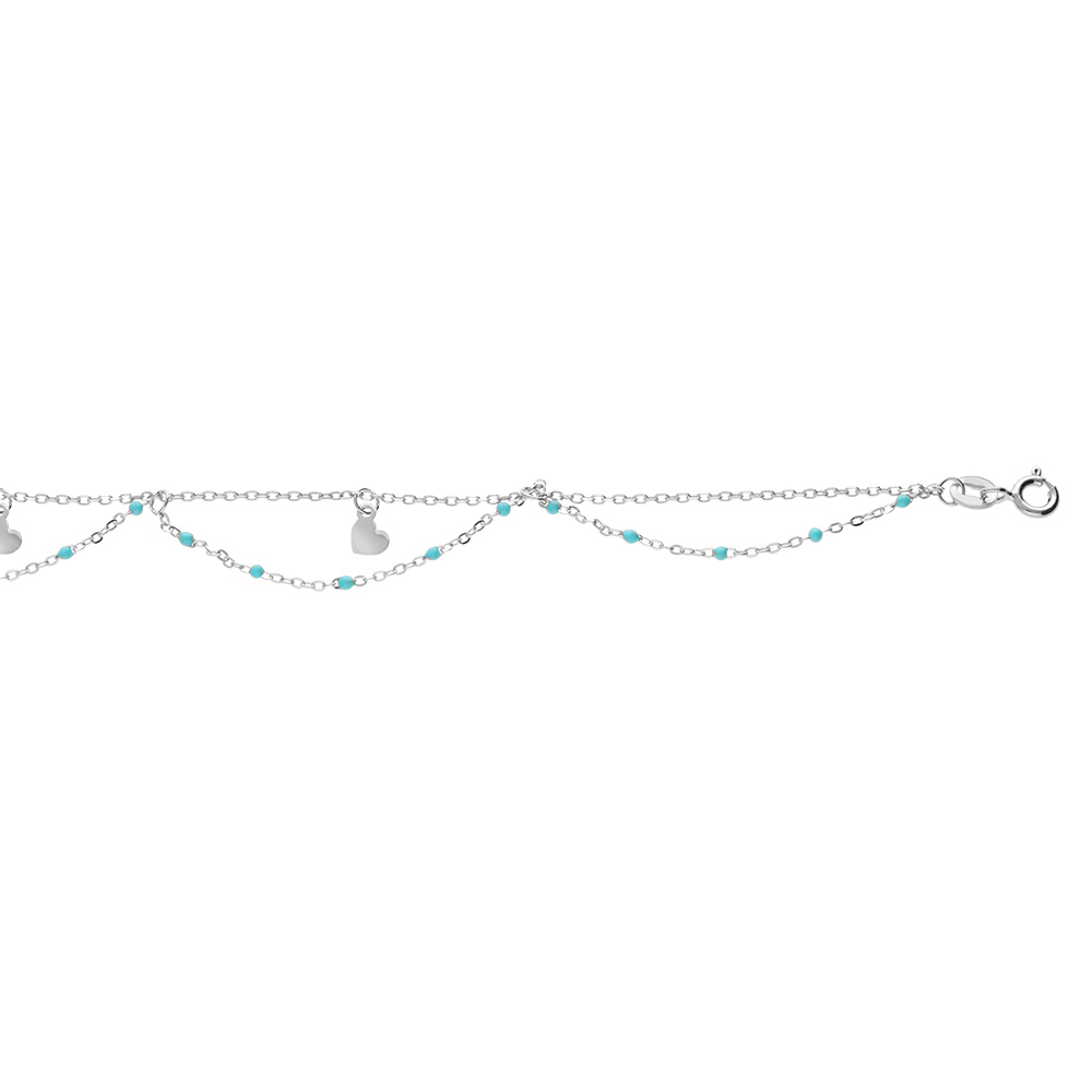 Cha�ne de cheville en argent rhodi� 2 rangs avec boules couleur turquoise et coeurs 23+3cm - Vue 1