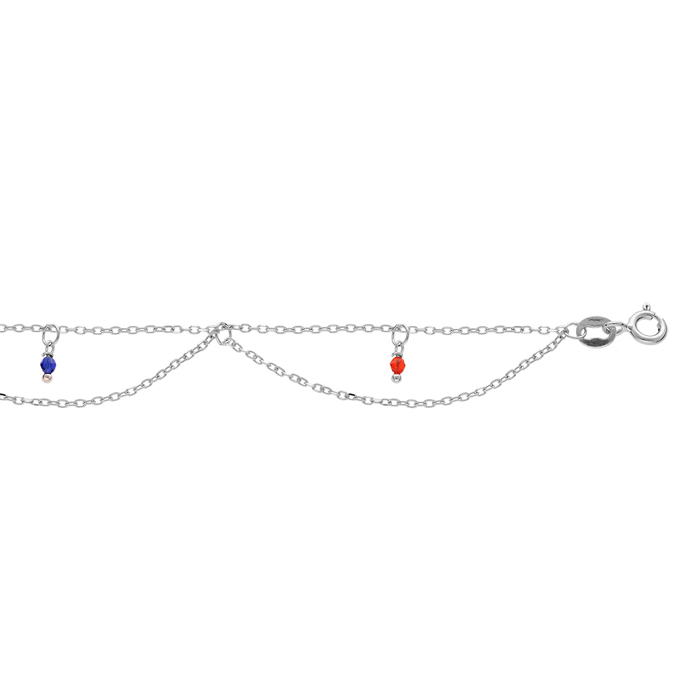 Cha�ne de cheville en argent rhodi� 2 rangs avec boules multi couleurs 23+3cm - Vue 1