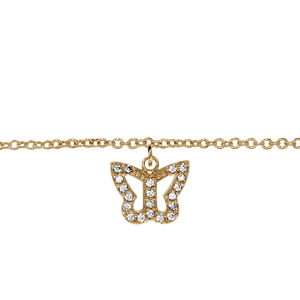 Chaîne de cheville en plaqué or avec pampille papillon ajouré orné d\'oxydes blancs sertis - longueur 23cm + 2cm de rallonge - Vue 1
