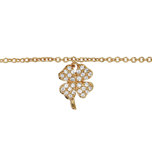 Chaîne de cheville en plaqué or avec pampille trèfle à 4 feuilles pavé d\'oxydes blancs sertis - longueur 23cm + 2cm de rallonge - Vue 1