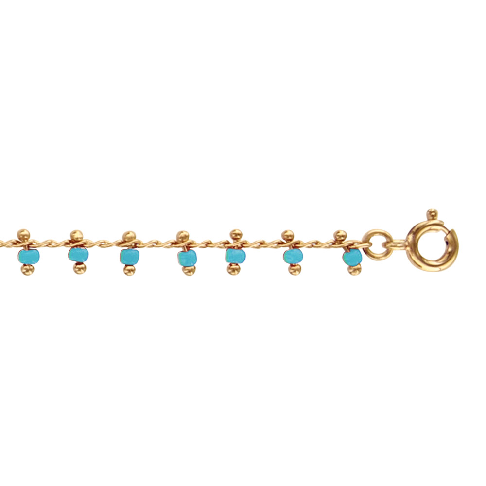 Cha�ne de cheville en plaqu� or pampilles boules turquoises 25cm - Vue 1