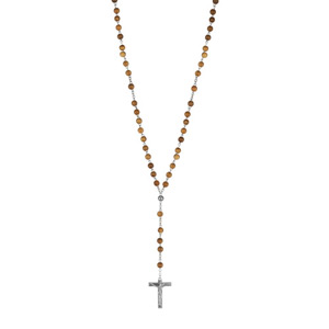 Chapelet en acier avec perles en bois d\'olivier - longueur 63cm - Vue 1