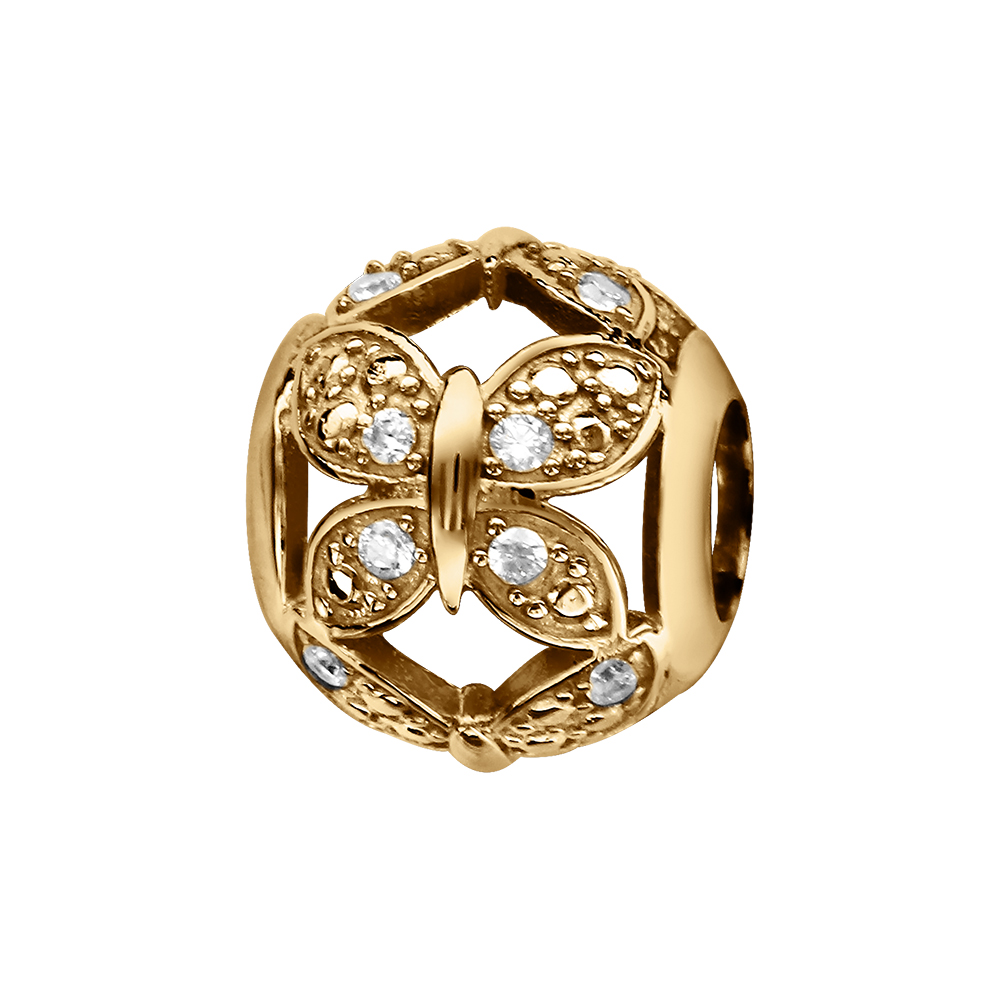 Charms coulissant en vermeil boule papillons ajour�s avec oxydes blancs - Vue 1