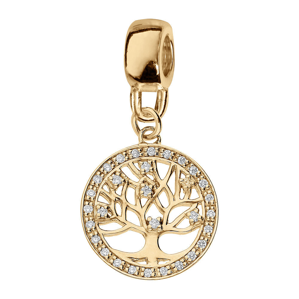 Charms coulissant en vermeil suspendu arbre de vie oxydes blancs sertis - Vue 1