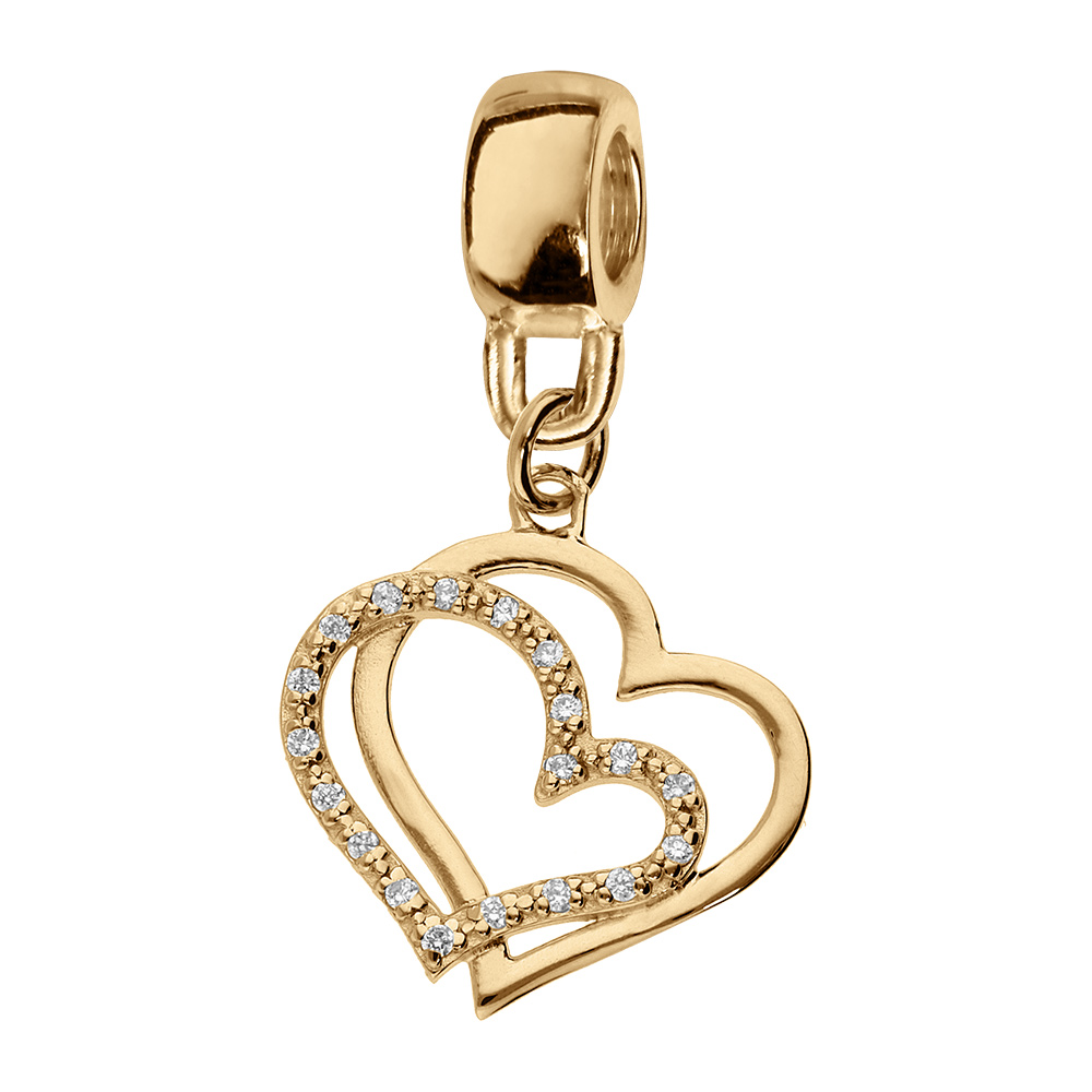 Charms coulissant en vermeil suspendu double coeurs oxydes blancs sertis - Vue 1